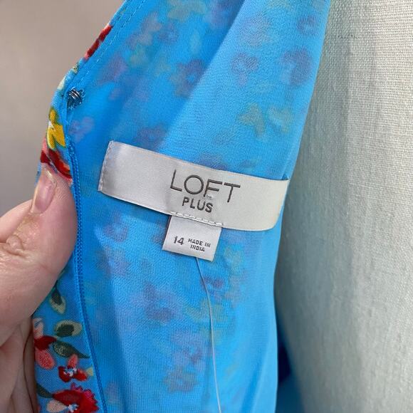 Loft Plus Size Blue Multicolor Floral Short Sleeve Dress with Back Tie Size 14 - Picture 6 of 9